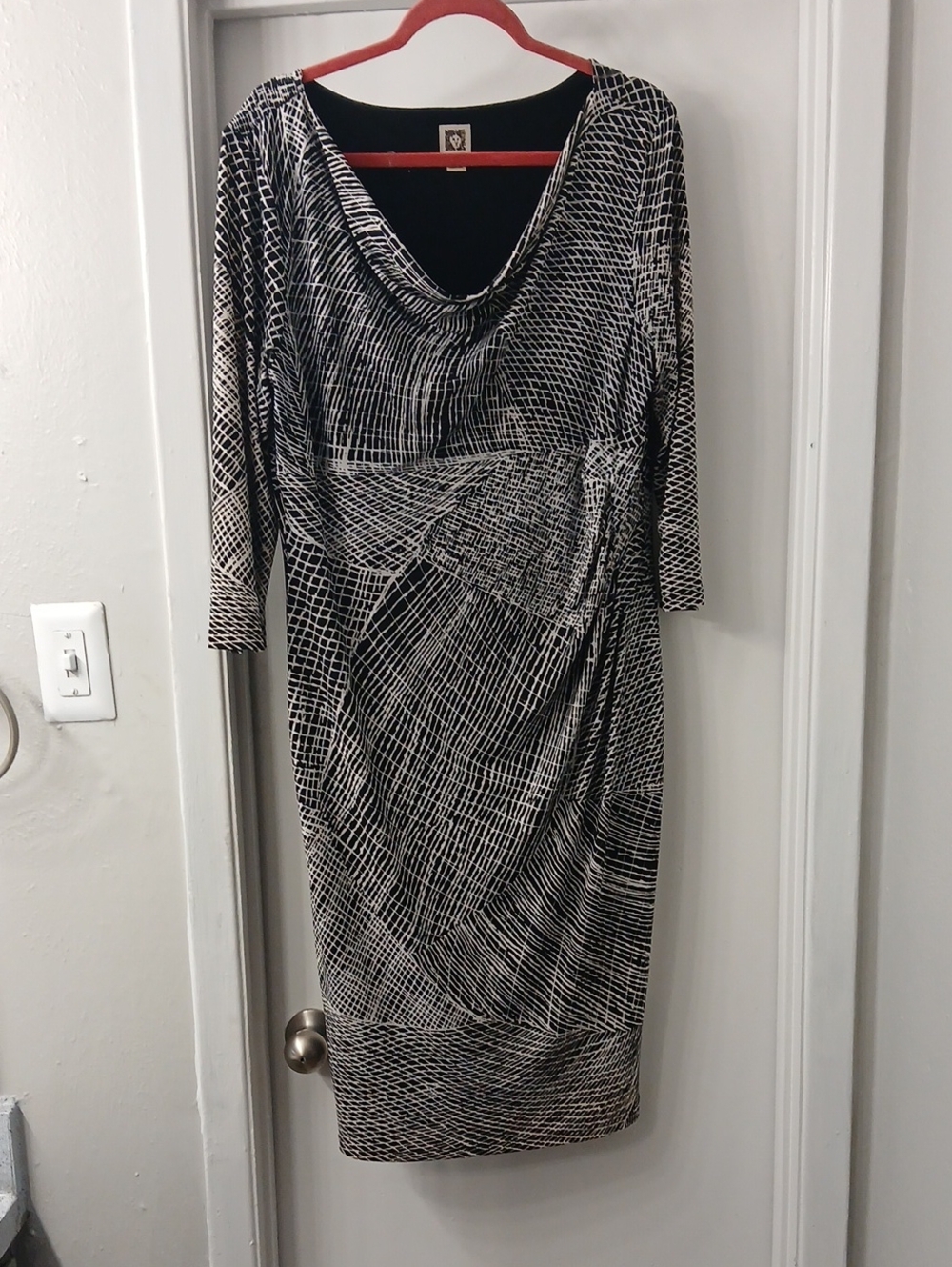 Anne Klein Black and White Patterned Cowl-Neck Midi Dress